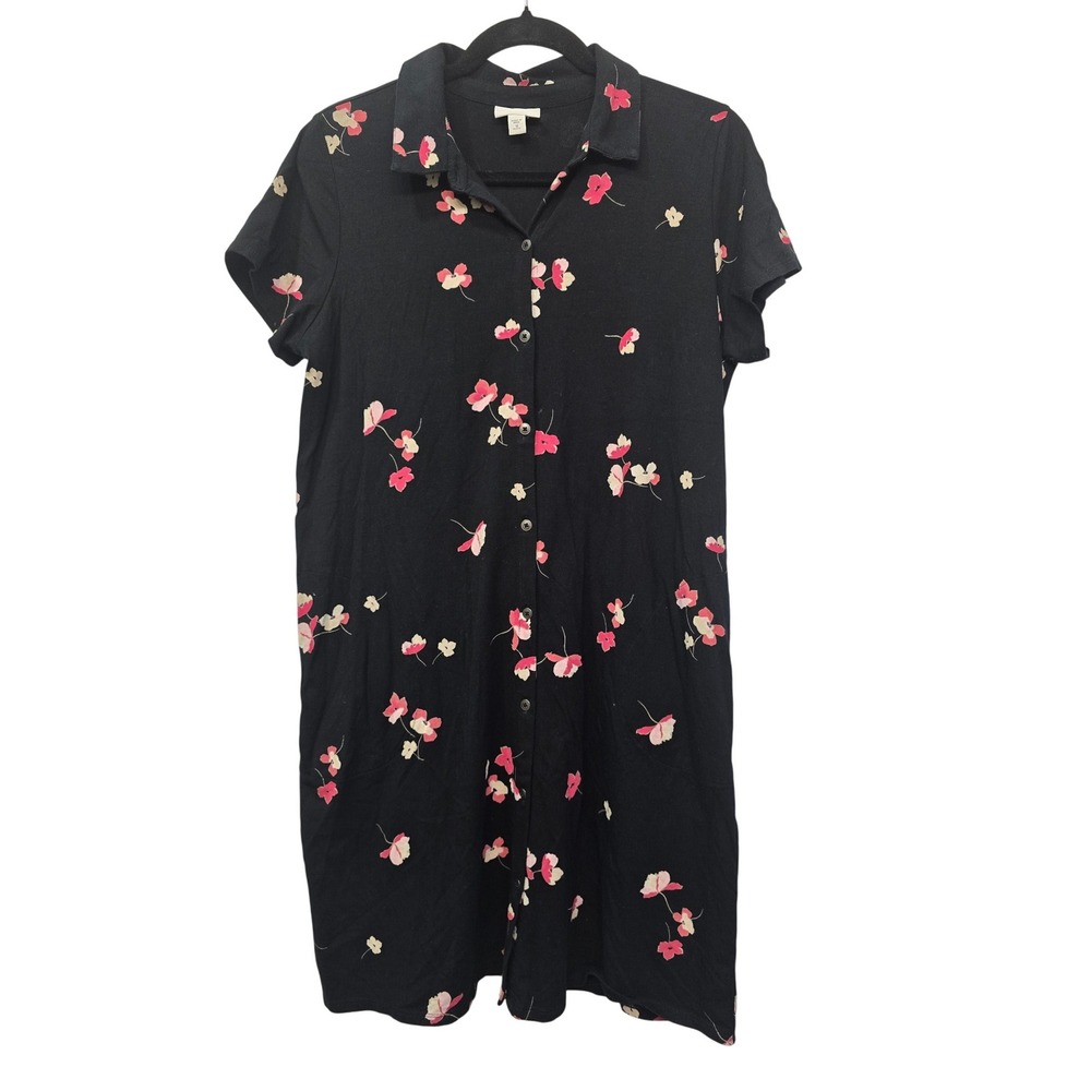 J.Jill Petite Floral Shirt Dress MP Black Pima Cotton Modal Button Front Stretch